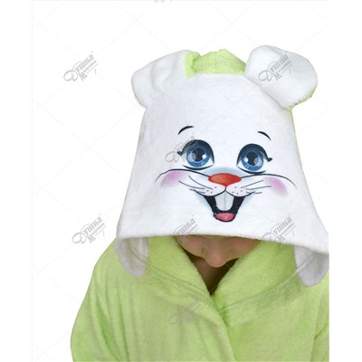 Детский махровый халат с капюшоном и печатью "Зайка" салатовый