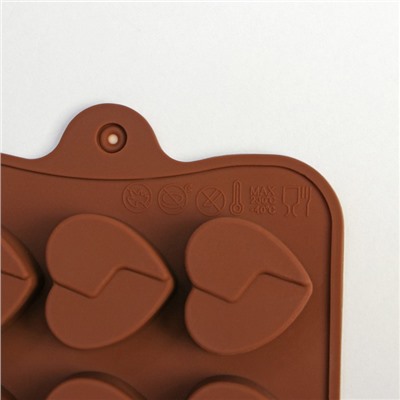 Форма силиконовая для льда и кондитерских украшений Доляна «Сердце», 21×10 см, 15 ячеек, цвет коричневый