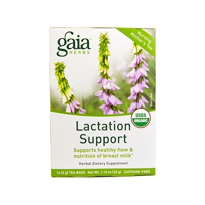 Gaia Herbs, Поддержка лактации, чай для кормящих женщин, без кофеина, 16 чайных пакетиков, 1,13 унции (32 г)