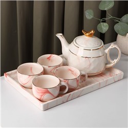 Набор чайный керамический «Мрамор», 5 предметов: чайник 800 мл, 4 кружки 170 мл, подставка 31×21 см, цвет розовый