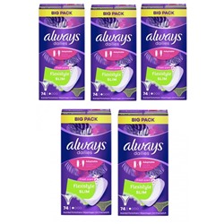 always Slipeinlage Flexistyle Slim Fresh BigPack 74 St, Прокладки Ежедневные тонкие Flexistyle с ароматом свежести 74 штуки, 5 упаковок (370 штук)