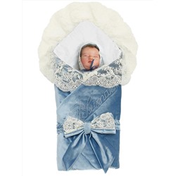 Зимний Конверт-одеяло на выписку "Блюмарим" (голубой с молочным кружевом, стразами и бантом)