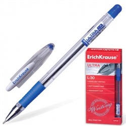 Ручка шариковая синяя 0,7мм Ultra L-30, резиновый держатель, металлический наконечник, прозрачный ко