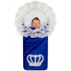 Зимний конверт-одеяло на выписку "Империя" синий с молочным кружевом и большой короной на липучке