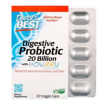 Doctor's Best, Пищеварительный пробиотик с Howaru, 20 млрд КОЕ, 30 растительных капсул