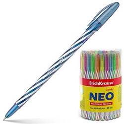 Ручка шариковая синяя 0,7мм Neo Candy, игольчатый пишуший узел, матовый полупрозрачный круглый корпу