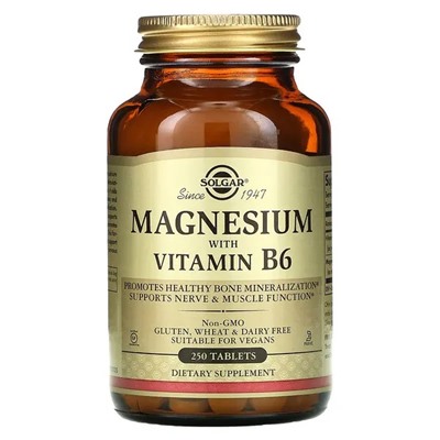 Солгар, магний с витамином B6, 250 таблеток
