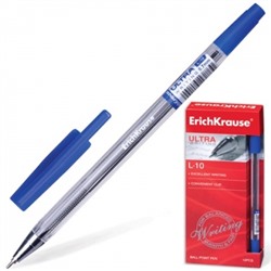 Ручка шариковая синяя 0,7мм Ultra L-10, рифленый держатель, металлический наконечник, прозрачный кор