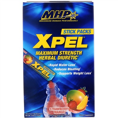 MHP, XPEL, Maximum Strength Herbal Diuretic, Strawberry Mango, 20 Packs, 0.27 oz (7.6 g) Each