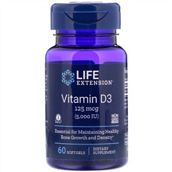 Life Extension, Витамин D3, 125 мкг (5000 МЕ), 60 мягких желатиновых капсул