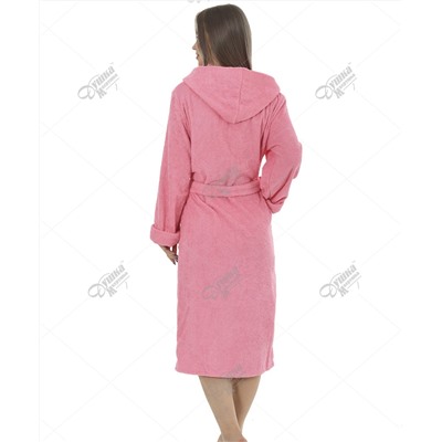 Халат женский махровый удлиненный с капюшоном розовый