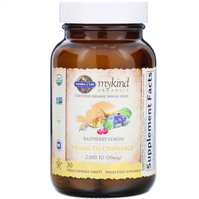 Garden of Life, MyKind Organics, веганский витамин D3, со вкусом малины и лимона, 2000 МЕ, 30 вегетарианских жевательных таблеток