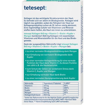 tetesept Kollagen Bindegewebe & Hautelastizität, 30 Tabletten Коллаген для повышения эластичности кожи, 30 таблеток