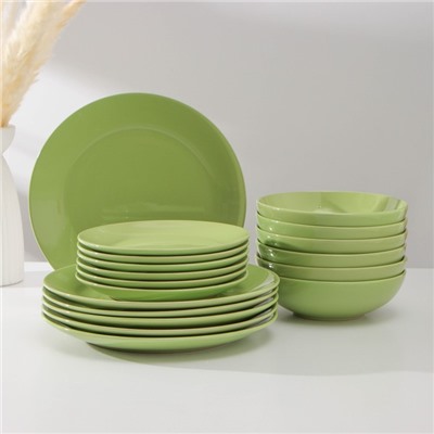 Набор тарелок керамический Доляна «Пастель», 18 предметов: 6 тарелок d=19 см, 6 тарелок d=27 см, 6 мисок d=19 см, цвет зелёный