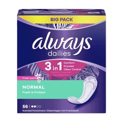 always Slipeinlage Fresh&Protect Normal mit Frischeduft BigPack 56 St, Прокладки Ежедневные Normal с ароматом свежести 56 штук, 3 упаковки (168 штук)