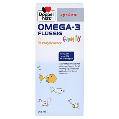 Doppelherz system Omega-3 Family flüssig mit Fruchtgeschmack, Доппельгерц ОМЕГА-3 сироп для всей семьи (детям от 4-х лет) 250 мл