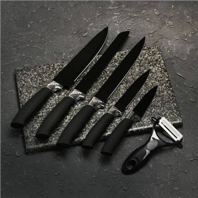 Набор «Тень», 6 предметов: ножи 19 см, 23 см, 32 см, 32 см, керамическая овощечистка, 32×4 см, цвет чёрный