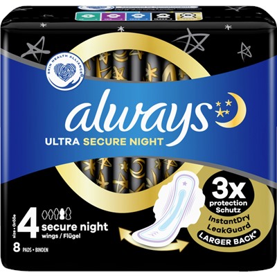 Always Ultra Damenbinden Secure Night mit Flügeln 8st, Олвейс Прокладки Secure Night размер 4, 8 шт