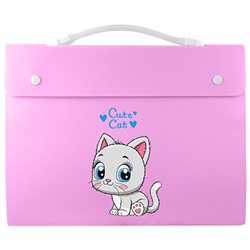 Папка-портфель А4 800мкм Cute Cat с 12 отделениями, розовый, с клапаном, внутренние отделения 170мкм