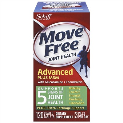 Schiff, Move Free, Advanced Plus MSM с глюкозамином и хондроитином, 120 таблеток в оболочке
