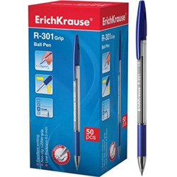Ручка шариковая синяя 1,0мм R-301 Grip резиновый держатель, прозрачный корпус, 2шт