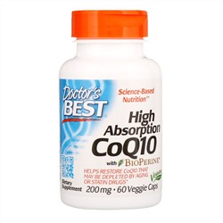 Doctor's Best, Коэнзим Q10 с высокой степенью всасывания, с BioPerine, 200 мг, 60 растительных капсул