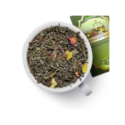 Чай зеленый "Фруктовая фантазия" Зеленый крупнолистовой чай с кусочками ананаса, киви и персика, украшенные лепестками роз. 979