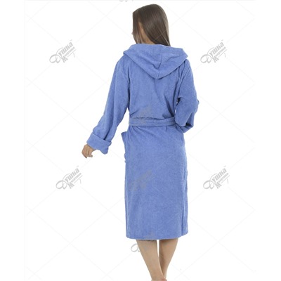 Халат женский махровый удлиненный с капюшоном голубой