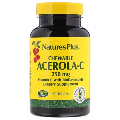 Nature's Plus, Ацерола-С, жевательные таблетки, 250 мг, 90 таблеток