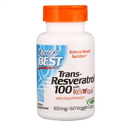 Doctor's Best, Транс-ресвератрол с экстрактом ResVinol, 100 мг, 60 растительных капсул
