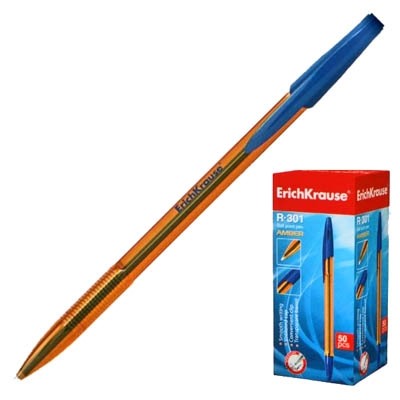 Ручка шариковая синяя 1,0мм R-301 Amber, 2шт, рифленый держатель, полупрозрачный оранжевый корпус