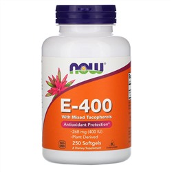 Now Foods, Натуральный витамин E-400 со смесью токоферолов, 250 мягких желатиновых капсул