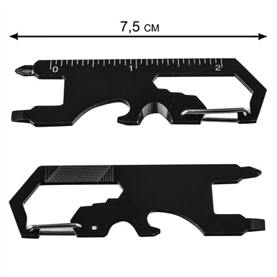 Мультиинструмент на карабине 9-в-1 - Небольшой и легкий многофункциональный инструмент 9-в-1: крестообразная и прямая отвертки, гаечный ключ (3 диаметра), нож-стропорез, напильник, линейка, открывашка. Отличная альтернатива большому и дорогому комплекту инструментов №1309
