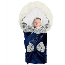 Зимний Конверт-одеяло на выписку "Блюмарим" (темно-синий с молочным кружевом, стразами и бантом) без пледа