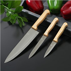 Ножи кухонные Wооd, набор 3 шт, лезвие: 9,5 см, 13,4 см, 16,9 см, ручка деревянная
