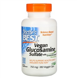 Doctor's Best, Веганский глюкозамин сульфат с глюкозамином GreenGrown, 750 мг, 180 вегетарианских капсул