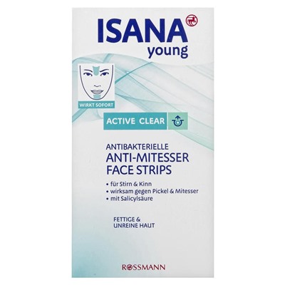 ISANA Young Active Clear Antibakterielle Anti-Mitesser Face Strips Антибактериальные полоски против черных точек против прыщей и угрей 3 шт.