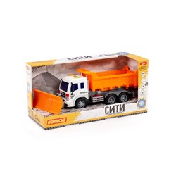 323274 Полесье "Сити", автомобиль-самосвал со снегоуборочным оборудованием (со светом и звуком) (оранжевый) (в коробке)