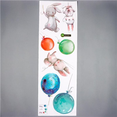 Наклейка пластик интерьерная цветная "Зайчики и воздушные шарики" 30х90 см