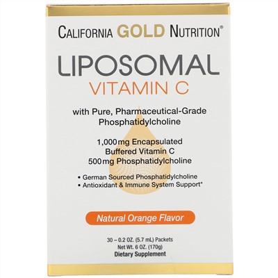 California Gold Nutrition, Липосомальный витамин C, с натуральным ароматизатором «Апельсин», 1000 мг, 30 пакетиков по 5,7 мл (0,2 унции) в каждом