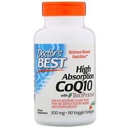 Doctor's Best, Коэнзим Q10 с высокой степенью всасывания, с BioPerine, 300 мг, 90 растительных мягких таблеток