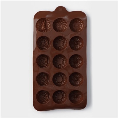 Форма для шоколада Доляна «Клумба цветов», 20,5×10,5×1,5 см, 15 ячеек, цвет коричневый
