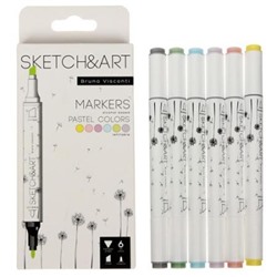 Маркер для скетчинга 6цв Sketch&Art (пастельные цвета) двусторонние 1,0-5,0мм, пулевидный/скошенный