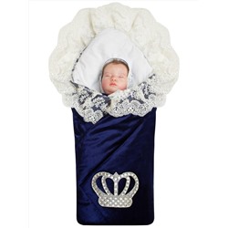 Зимний Конверт-одеяло на выписку "Императорский" (темно-синий с молочным кружевом и большой короной на липучке)
