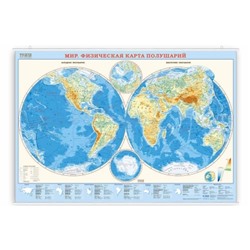Карта настенная на рейках.Мир Физическая карта полушарий М1:37 млн (101х69 см) ЛАМИНИРОВАННАЯ