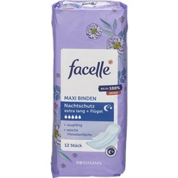 facelle Maxi-Binden Nachtschutz extra lang mit Flügeln 12st, фасель Прокладки Максимальное впитывание удлиненные Ночные с крылышками 12 шт.