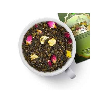 Чай зеленый "Летняя отрада" Зеленый чай Ганпаудер с кусочками персика и бутонами роз, пропитанный густым ароматом сладкого винограда, с добавлением цветка бессмертника.      827