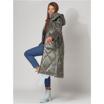 Пальто утепленное стеганое зимнее женское  цвета хаки 448601Kh