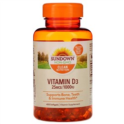 Sundown Naturals, Витамин D3, 25 мкг (1000 МЕ), 400 мягких таблеток