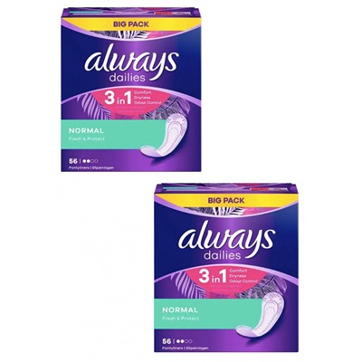 always Slipeinlage Fresh&Protect Normal BigPack 56 St, Прокладки Ежедневные Normal 56 штук, 2 упаковки (112 штук)